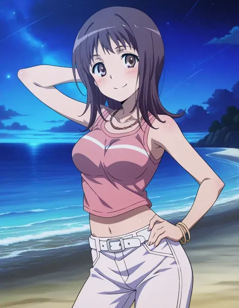 itsuwa, anime coloring, anime screencap,
bracelet, shirt, sleeveless, sleeveless shirt, breasts, blush, medium hair, brown eyes, pink shirt, long hair, necklace, medium breasts, crop top, collarbone, white belt, Itsuwa pink shirt white pants (outfit), shi...
