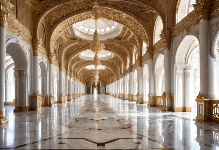 there is a long hallway with many arches and columns, inside a palace, from inside the giant palace, white marble interior photograph, inside a grand ornate room, stunning grand architecture, in a futuristic desert palace, marble room, ornate carved archit...