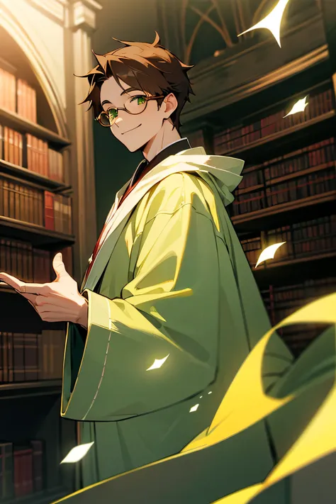 1male, brown hair, green eyes, magical robes, glasses, smiling, looking at viewer, library background