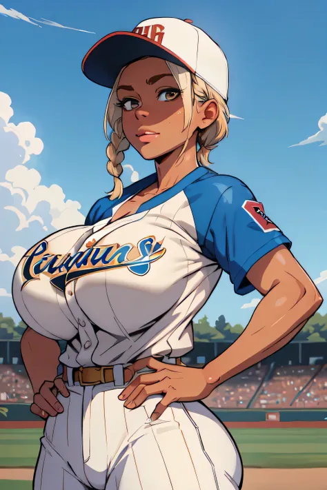 (masterpiece,best quality,absurdres,beautiful,aesthetic,detailed),1girl,solo focus,upper body,tomboy,short hair,twin braids,side braids,(tan skin),platinum blonde hair,baseball cap,field,baseball uniform,huge breasts,cleavage,hands on hips