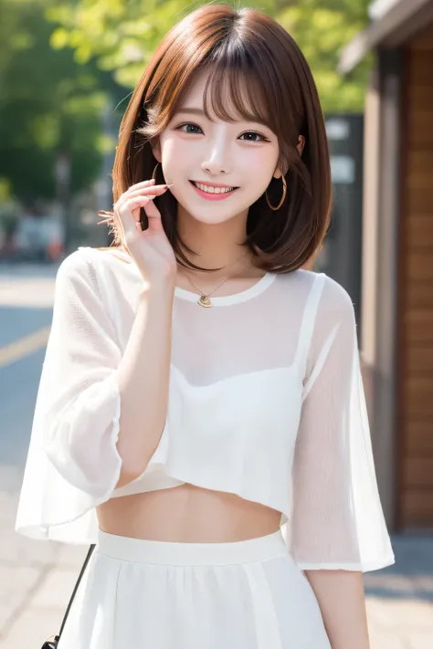 Kyapikyapi　Cheerful and energetic　bob hair　cute　one girl　　 white clothes　camisole　smile