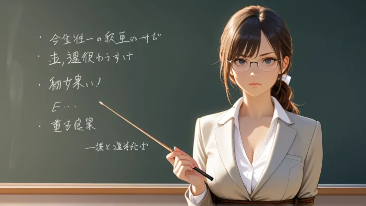 A sophisticated female teacher standing in front of a blackboard in a classroom. She wears glasses and a tight-fitting suit, with her hair neatly tied up. Holding a pointer stick in one hand, she has a serious and focused expression while teaching. High re...