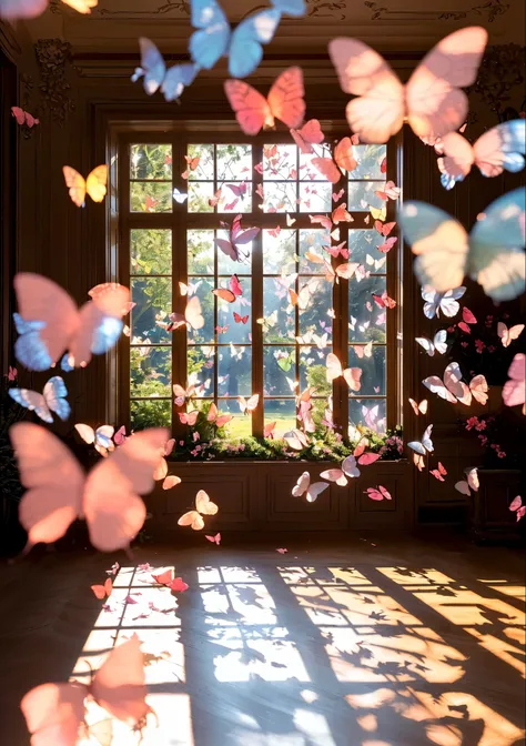 butterflies are flying in the air in a room with a window, butterflies and sunrays, butterflies floating in the sky, butterflies flying, glowing butterflies, soft butterfly lighting, butterfly lighting, sunny morning light, harmony of butterfly, butterflie...