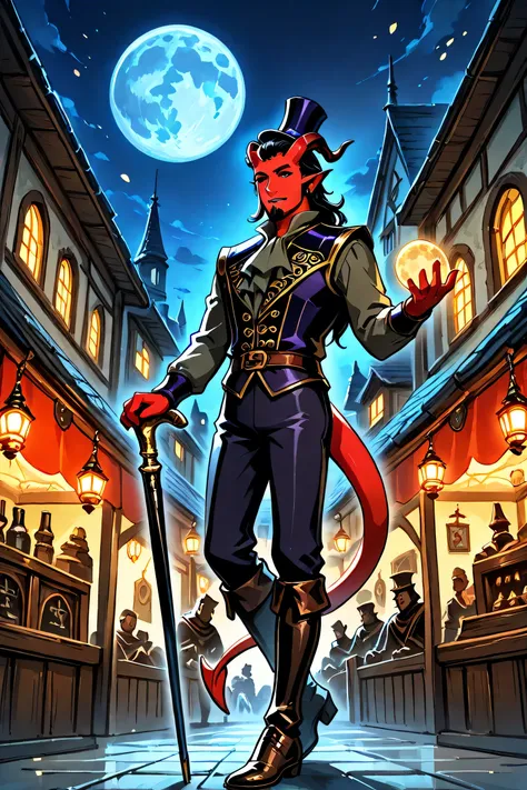 tiefling, horns, pointe ears, tail, solo, adult male, scarlet red skin, black hair, goatee, wearing bright purple top hat, (dark green colonial shirt), ((wearing black colonial era breeches)), black 18th century shoes, dazzling, charismatic, charming, hold...