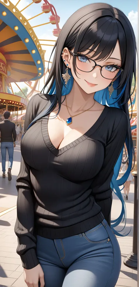 , Random Sexy pose , ((Ultra detailing)), ((Elegant mature women)), ((very aesthetic, best quality, ultra detailed)), intricate details, 1girl, ((long hair, Black hair, blue inner hair)), ((silver eyes)), ((Detailed eyes)), ((Beautifull eyes)), ((prefect e...