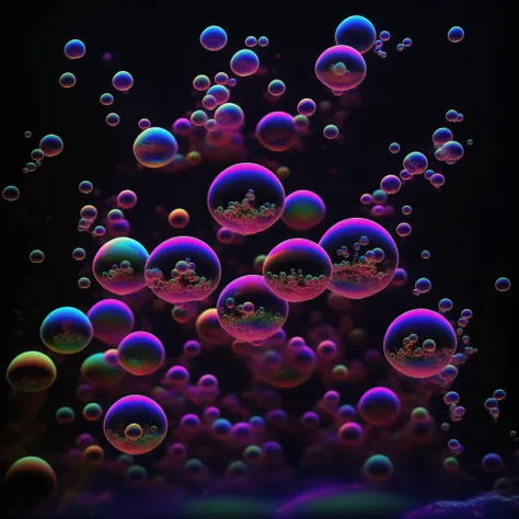 A close up of beautiful bubbles floating on top of each other, LSD, DMT imagery. octane render, psychedelic droplets of water, abstract liquid, and intricate rainbow art. octane render, black 3d fluid simulation, ethereal bubbles, swirling liquids, and hi...