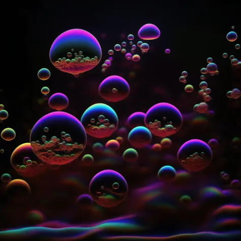 A close up of beautiful bubbles floating on top of each other, LSD, DMT imagery. octane render, psychedelic droplets of water, abstract liquid, and intricate rainbow art. octane render, black 3d fluid simulation, ethereal bubbles, swirling liquids, and hi...