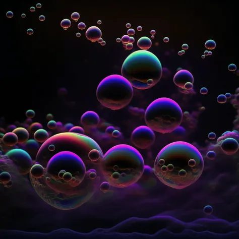 A close up of beautiful bubbles floating on top of each other, LSD, DMT imagery. octane render, psychedelic droplets of water, abstract liquid, and intricate rainbow art. octane render, black 3d fluid simulation, ethereal bubbles, swirling liquids, and hi...