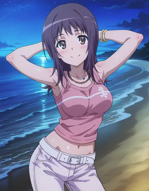 itsuwa, anime coloring, anime screencap, 
bracelet, shirt, sleeveless, sleeveless shirt, breasts, blush, medium hair, brown eyes, pink shirt, long hair, necklace, medium breasts, crop top, collarbone, white belt, Itsuwa pink shirt white pants (outfit), shi...