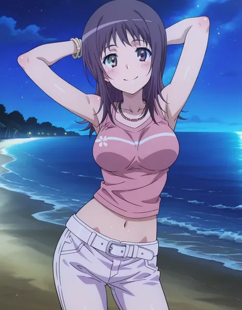 itsuwa, anime coloring, anime screencap, 
bracelet, shirt, sleeveless, sleeveless shirt, breasts, blush, medium hair, brown eyes, pink shirt, long hair, necklace, medium breasts, crop top, collarbone, white belt, Itsuwa pink shirt white pants (outfit), shi...