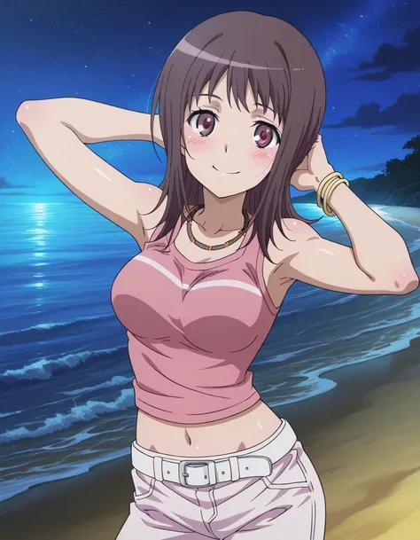 itsuwa, anime coloring, anime screencap, 
bracelet, shirt, sleeveless, sleeveless shirt, breasts, blush, medium hair, brown eyes, pink shirt, long hair, necklace, medium breasts, crop top, collarbone, white belt, Itsuwa pink shirt white pants (outfit), shi...