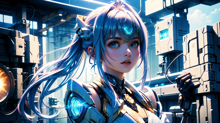 Highest quality、masterpiece、Ultra A high resolution、(photorealistic:1.4)、1 girl、light blue hair、 straight hair , SHINY AND CLEAN HAIR 、 White Shiny Skin 、 sexy cyberpunk girl 、(( cyberpunk person ))、shadow、octane rendering、Ultra Sharp、 in bikini 、 fibergl...