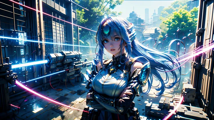 Highest quality、masterpiece、Ultra A high resolution、(photorealistic:1.4)、1 girl、light blue hair、 straight hair , SHINY AND CLEAN HAIR 、 White Shiny Skin 、 sexy cyberpunk girl 、(( cyberpunk person ))、shadow、octane rendering、Ultra Sharp、 in bikini 、 fibergl...