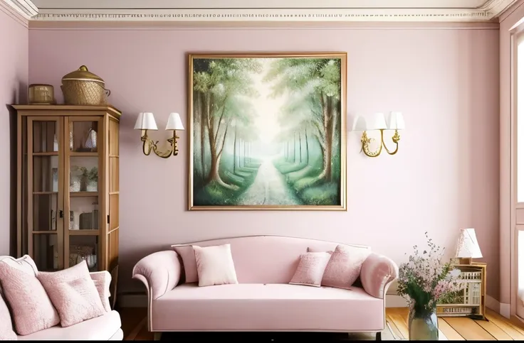 there is a couch and a table in a room, a pastel by artist, featured on pinterest, rococo, cottagecore!!, cottage decor, dreamy and detailed, lavishly decorated, in a living room, cottagecore, with soft pink colors, in romantic style, cottagecore hippie, l...