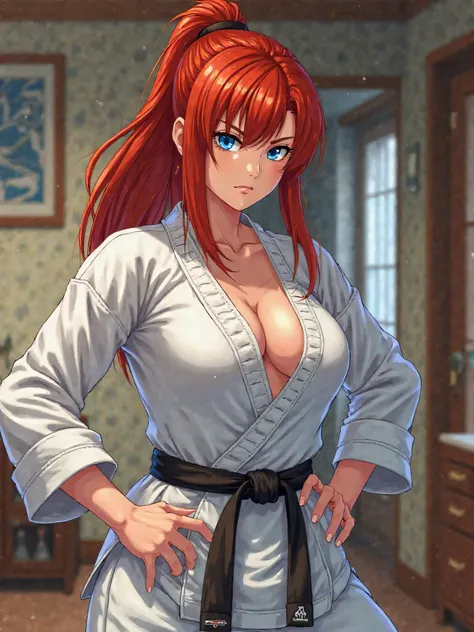 Redhead girl with blue eyes, karate shirt with angry face with muscles with home background in adult anime style with sexy body