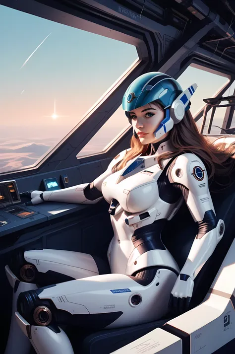  Macross ships in space where the pilot has no helmet and is a beautiful woman with long straight brown hair 