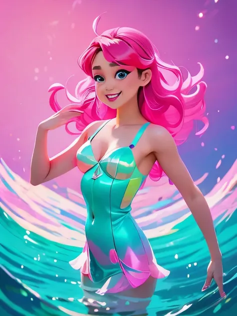 disney princess ariel the mermaid in a pink dress, jen bartel, light effect. feminine, 3 d neon art of a womens body, by Chiho Aoshima, glowing aesthetic, brittney lee, luminous body, by Harumi Hironaka, digital art ilya kuvshinov, she has iridescent membr...