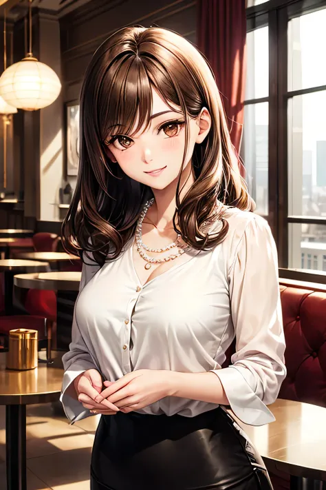 A poised woman,(parted bangs) chestnut-colour medium length hair,((( brown eyes))),in a white chiffon blouse, beige pencil skirt, and pearl necklace standing gracefully in an upscale café, her hands gently she smiles warmly. The background features a refin...