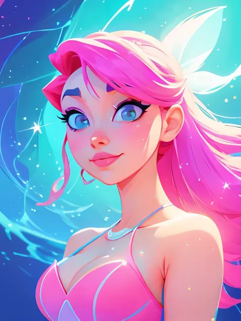 disney princess ariel the mermaid in a pink dress, jen bartel, light effect. feminine, 3 d neon art of a womens body, by Chiho Aoshima, glowing aesthetic, brittney lee, luminous body, by Harumi Hironaka, digital art ilya kuvshinov, she has iridescent membr...