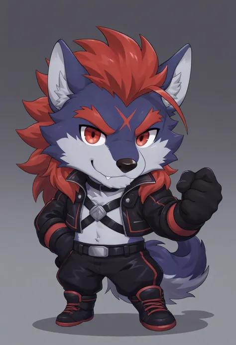 solo, wolf, (dark blue fur), red hair, wolf face, red eyes, black cropped jacket, chibi, fierce, score_9, score_8_up, score_7_up