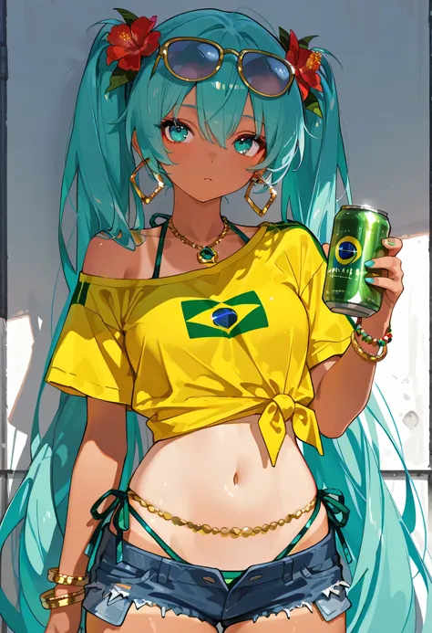 748cmstyle, masterpiece, Hatsune Miku, masterpiece, Hatsune Miku, brmeek, twintails, very long hair, dark-skinned female, tanlines,
holding can,
hair flower, hoop earrings, eyewear on head, necklace, yellow shirt, midriff, jewelry, belly chain, bracelet, b...