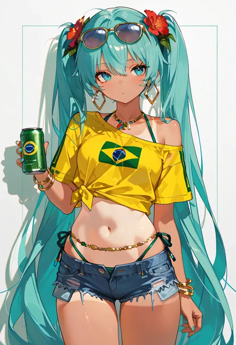 748cmstyle, masterpiece, Hatsune Miku, masterpiece, Hatsune Miku, brmeek, twintails, very long hair, dark-skinned female, tanlines,
holding can,
hair flower, hoop earrings, eyewear on head, necklace, yellow shirt, midriff, jewelry, belly chain, bracelet, b...