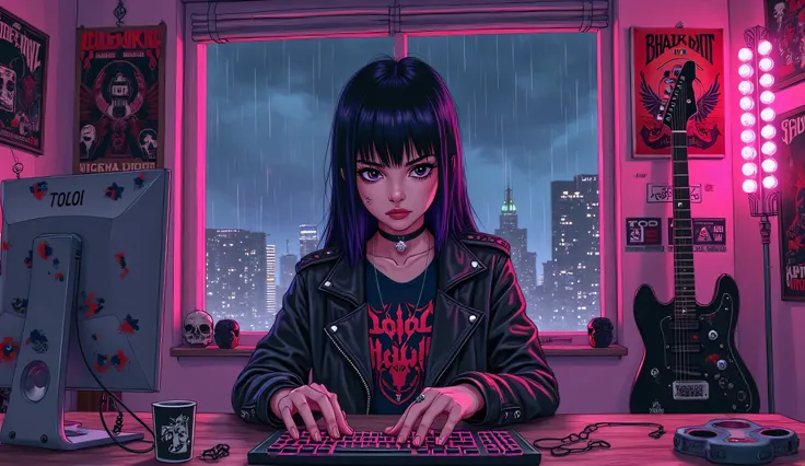 detailed anime-style digital illustration,  with a dark, urban vibe . One with a heavy metal look is sitting at a table,  typing on a computer keyboard decorated with skull stickers and gothic symbols. Her face is visible ,  with a serious and concentrated...