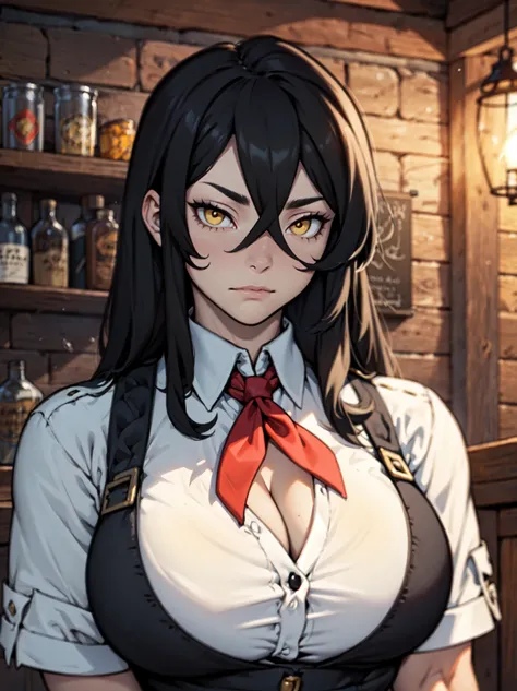 tavern keeper tavern keeper tavern keeper tavern keeper empty eyes embarrassed black hair yellow eyes long hair pale skin huge muscles big breasts solo