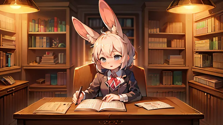 A cute girl rabbit character sits at the desk、Writing something in a notebook。Books and pens are placed around it、to create a calm study/work environment。The background is a wood-grained desk and warm lighting、to express an atmosphere of concentration。