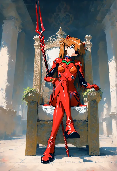 1 girl,  souryuu asuka langley , neon genesis  Evangelion, sensible, Alone , eyepatch,  tight red suit ,  sitting on the throne, with legs crossed, head tilt, carrying a weapon,  Longinus Lance  \( Evangelion\), cowboy shot,  depth of field,  fake traditio...