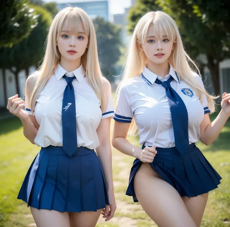 8K quality, Bright professional photo ,  two beautiful girls, (Above the belly), (The two are fully wearing high school girl uniforms so they can't see their skin:1.4), (Shirts Are Tight Because of Big Breasts:1.2), (Big boobs in a high position :1.2), (Th...