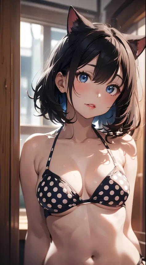 1girl, beautiful Korean cat-eared girl, (cute loose bob hair, flowing hair), (wearing polka dot bikini: 1.5), (red lips, small breasts, toned stomach, eyelashes, aegyo sal), immersive background, global illumination, natural light, (beautiful detailed eyes...