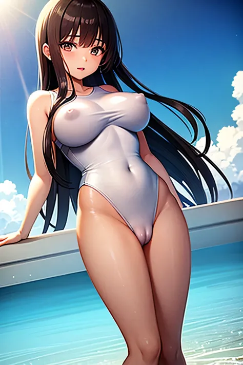 Her white swimsuit becomes transparent when it gets wet, and you can clearly see the shape of her nipples and pussy.