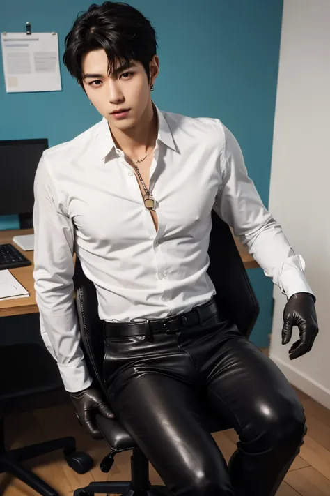 A slim muscular, Full body shot of a handsome K-pop male idol in a leather dress shirt, leather pants and leather gloves lean on Showing abs be chained to a office chair.sexy.try to rape.realistic high quality .intricate detail face , ultra high res, uhd
