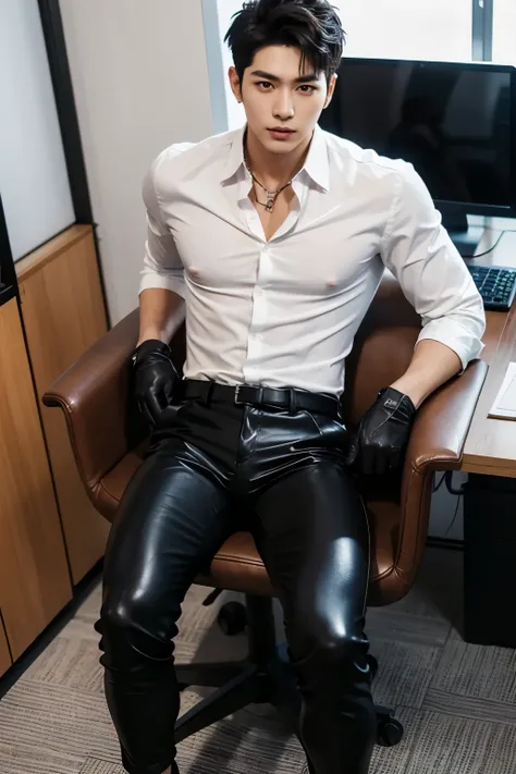 A slim muscular, Full body shot of a handsome K-pop male idol in a leather dress shirt, leather pants and leather gloves lean on Showing abs be chained to a office chair.sexy.try to rape.realistic high quality .intricate detail face , ultra high res, uhd
