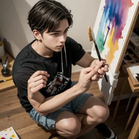  A young adult man, brown, short curly hair sitting holding a brush and a watercolor in his hands, while looking at a canvas