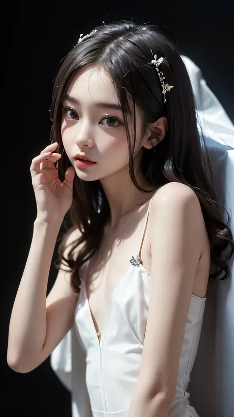 ( masterpiece、  Highest quality 、    Super Detailed Instructions 、 超high resolution)、  petite girl、   Delicate Figure  、 alone、(( flat chest))、 cute、  Idol&#39;Face、Half a smile 、( REAL SKIN:1.2)、(( jet black background )),(blurry background  :1.3)、sheer l...