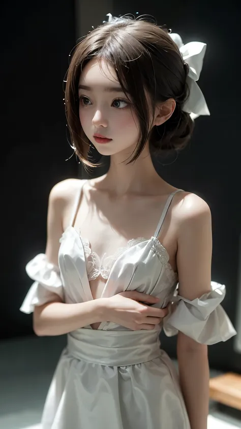 ( masterpiece、  Highest quality 、    Super Detailed Instructions 、 超high resolution)、  petite girl、   Delicate Figure  、 alone、(( flat chest))、 cute、  Idol&#39;Face、Half a smile 、( REAL SKIN:1.2)、(( jet black background )),(blurry background  :1.3)、sheer l...