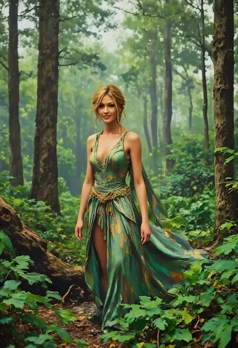 katherinemc, extremely detailed, highres, forest background, beautiful detailed woman, light on face, looking at viewer, POV, gown, smile, perfect face, solo, impasto oil painting.