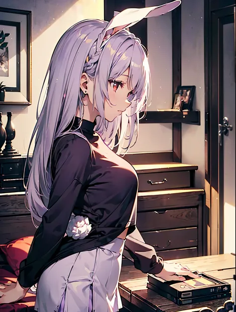 realistic,Highest quality, Super Detail, high quality CG rendering,  THE MOST DELICATE AND BEAUTIFUL ,  floats softly, high resolution, (1 girl), (Highest quality,4K,8k,masterpiece:1.2), ( light purple hair:1.5),( pretty long hair:1.5),( red eyes:1.5),(Rab...