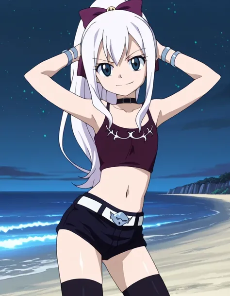 mj, 1girl, flat chest, blue eyes, long hair, white hair, ponytail, choker, collarbone, bare shoulders, tank top, crop top, short shorts, black shorts, black thighhighs, bracelet, anime screencap, shiny skin, solo, night sky, beach, hands behind head, ((con...