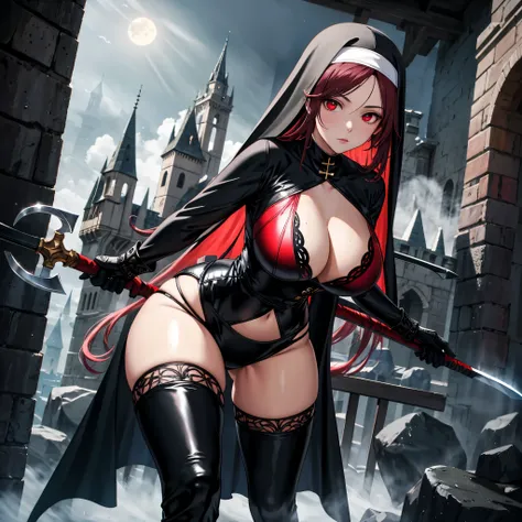  A high resolution ,  masterpiece pixiv , ((intricate details)), highly detailed, 1 girl,  of foot,  fight pose, Holds an axe with the monkey, ( seen from the front ), detailed face, detailed eyes,  crimson red eyes, black nun costume, (black gloves), (Pha...