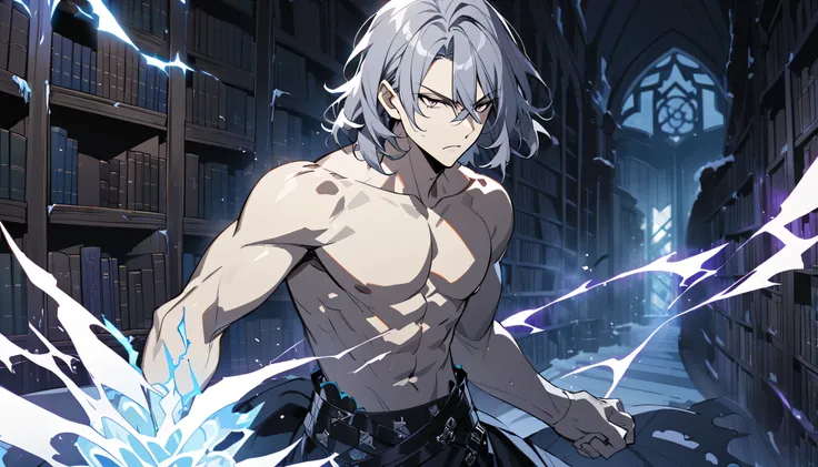 male, high, strong , Gothic clothes, medium hair gray, stripped, lilac eyes, serious expression, blue eletric aura around the hand, Fantasy, cold scenario, dark, library, shirtless