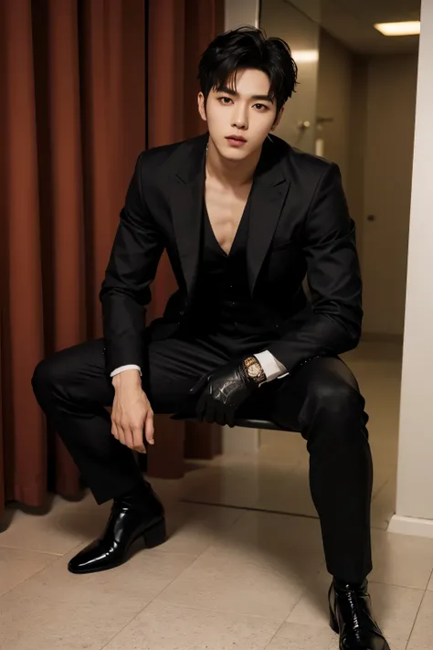 A slim muscular, Full body shot of a handsome K-pop male idol in a black suit and leather gloves. lay down Showing abs in a public restroom.sexy.try to rape.realistic high quality .intricate detail face , ultra high res, uhd


