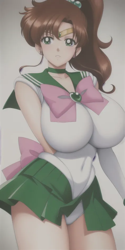 kino_makoto, huge_breasts, standing, solo, White_leotard_Green_sailor_collar_Green_miniskirt_White_gloves_Green_choker_Pink_bowtie_Pink_back_bow_Circlet_Green_brooch_Short_sleeves, masterpiece, best quality, detailed face, detailed eyes, highres,