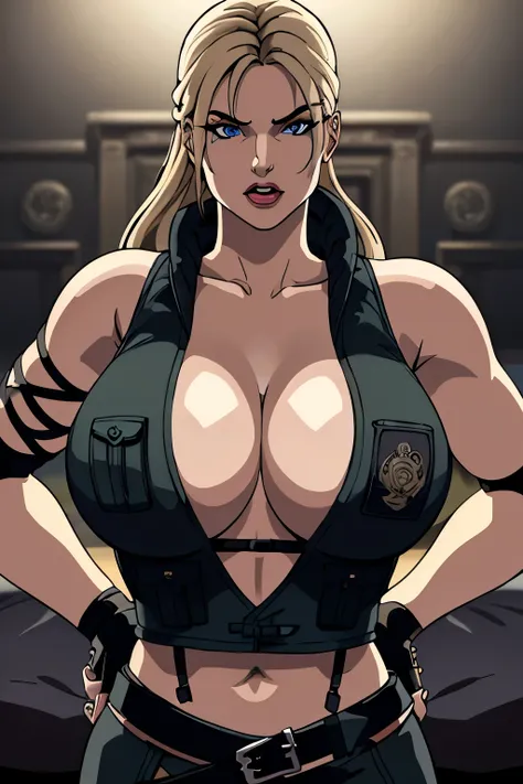 8k, best quality, intricate details, ultra-detailed, ultra highres, depth field, ,masterpiece  ((sonyablade)), european woman, cleavage, wearing a jacket, fingerless gloves, hand on hips, ((huge breasts: 1.4)),crop top, highly detailed eyes, blue eyes, fro...