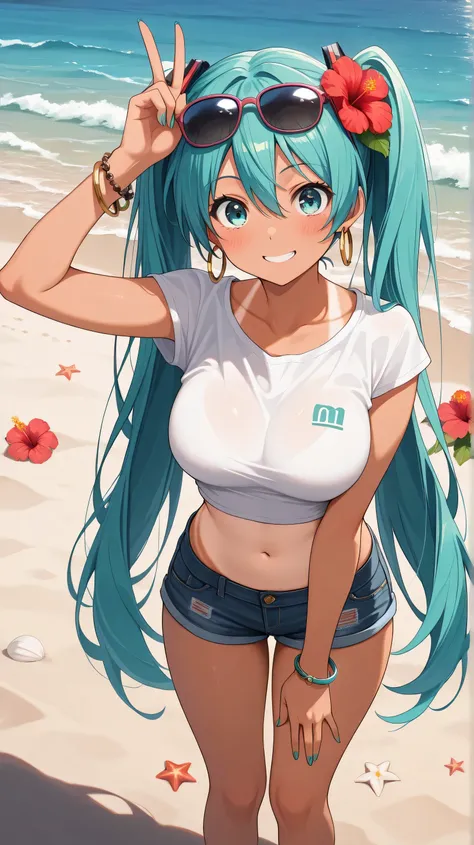 (masterpiece), best quality, expressive eyes, perfect face, 1girl, tan, tanlines, eyewear_on_head, breasts, solo, jewelry, twintails, sunglasses, navel, shorts, long_hair, flower, bracelet, hair_ornament, hair_flower, smile, hatsune_miku, v, looking_at_vie...