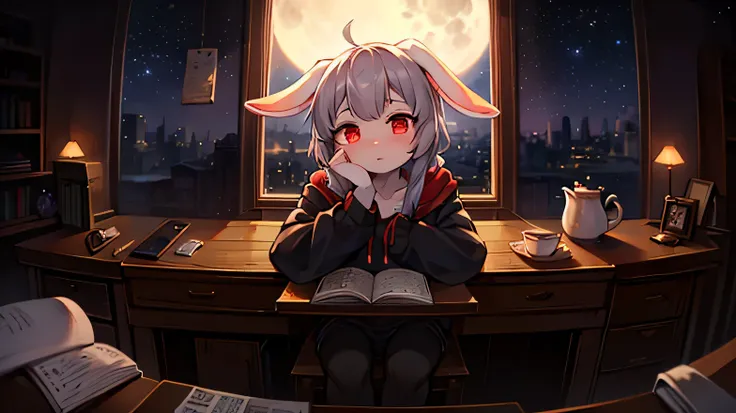 A cute bunny girl with long, fluffy rabbit ears, shoulder-length gray hair with neatly trimmed bangs, and dark red eyes. She is wearing a slightly oversized black hoodie, giving her a cozy and relaxed look. Sitting at her study desk in her warm, softly lit...