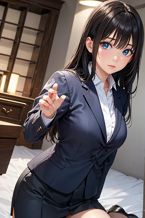  8k resolution,((Highest quality)),Ultra High Definition, Adult Female,  alone,  sexy, (A sharp expression), ( blue eyes),  beautiful symmetrical face , ( long black hair),black office suit in front of a desk,tight skirt with juniors,realistic:1.4,realisti...