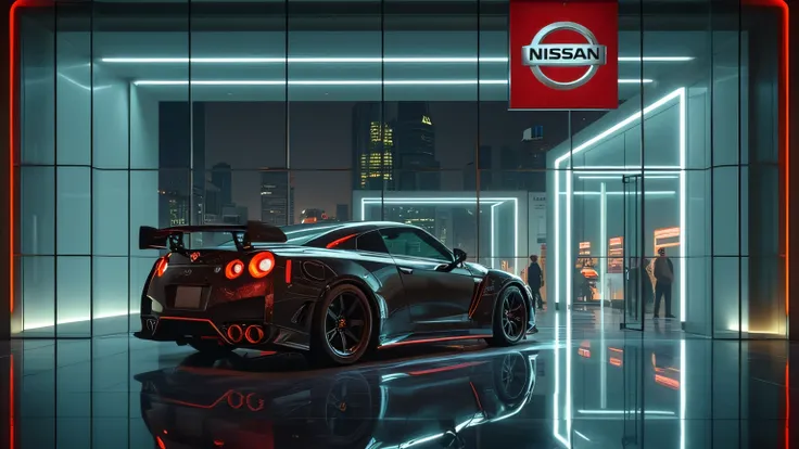 The very futuristic exterior of the Nissan showroom, with a giant glass wall reflecting the neon light of the city at night. Nissan GT-R R39 Nismo seen inside, is displayed with very dramatic lighting, creating the impression that this is the car of the fu...